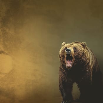 A photo of an aggressive brown bear roaring showing teeth, wild animal, brown background