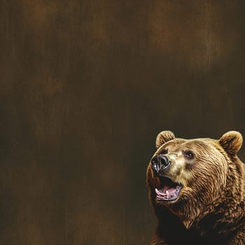 A photo of a brown bear with open month, teeth fangs, wild animal, brown background