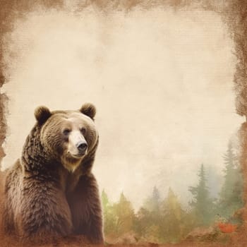 A brown adult bear on a wallpaper with tree of a forest in background, rusty background, brown tone