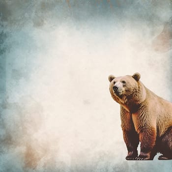 A brown adult bear on a blue and azure tone background