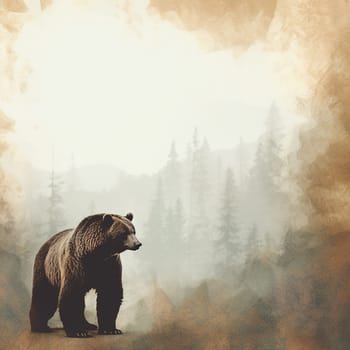 A brown adult bear on a wallpaper with tree of a forest in background, rusty background, brown tone