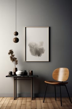 A mock up frame of a cozy and elegant interior design with a gray color palette and wooden elements