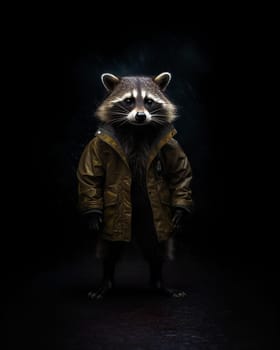 A cute adorable raccoon with a yellow firefighters jacket black background