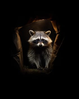 A cute adorable wild raccoon on his den, black background