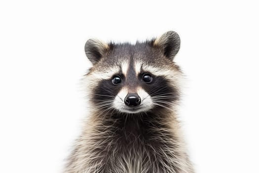 A cute adorable funny and furry wild young raccoon looking at the camera on a white background