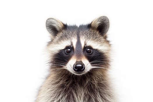 A cute adorable funny and furry wild young raccoon looking at the camera on a white background