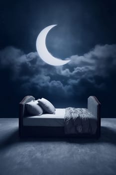 A Surreal Bedtime Scene with a Crescent Moon, cream concept, cloud, moon