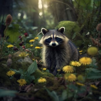 A cute adorable funny and furry wild young raccoon looking at the camera on a field of yellow flower