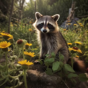 A cute adorable funny and furry wild young raccoon looking at the camera on a field of yellow flower