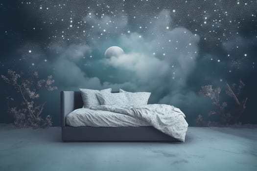 A surreal bedroom scene with a starry night sky and a floating moon above the bed with stars sparkling