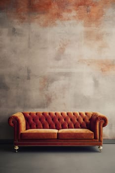 Vintage Orange Leather Sofa in Modern Industrial Living Room, ruined wall and grunge background
