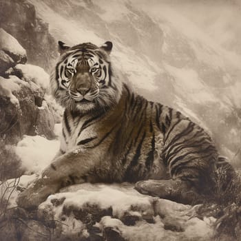 A vintage old photo of a wild tiger in nature, on mountain