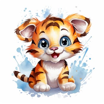 A cute little sweet cartoon tiger with white background