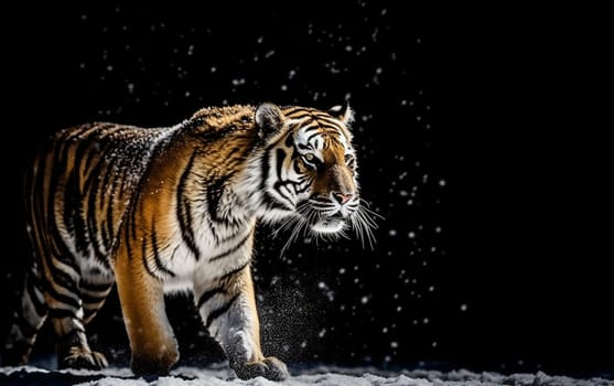 A wild tiger walking on snow, winter theme