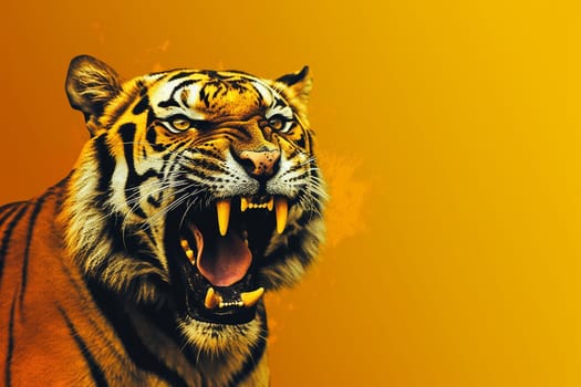 A wild tiger roaring on orange background