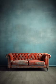 A Vintage Orange Leather Chesterfield Sofa in a Minimal Room with blue grunge wall