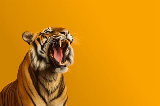 A wild tiger roaring with orange, yellow background