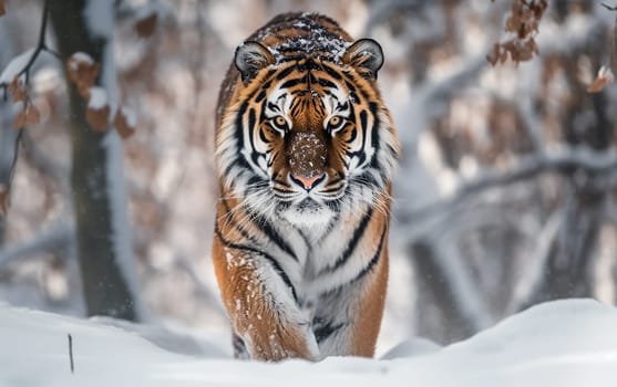 A wild tiger walking on snow, winter theme