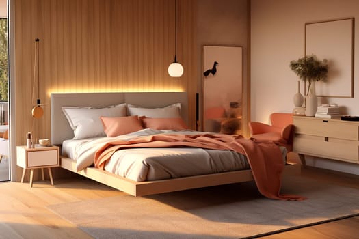 Cozy modern bedroom interior with warm lighting, comfortable bed, and elegant decor.