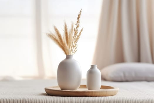 A white clean vase with dried flowers, beauty concept photo airy room background