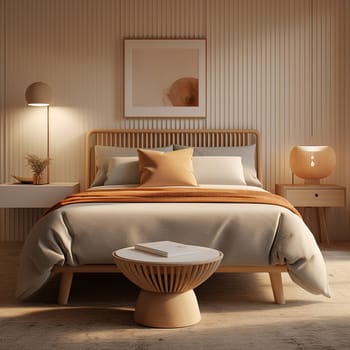 Cozy modern bedroom interior with warm lighting, elegant bed, hotel room, and stylish furniture.