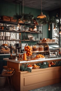 Christmas Café with Oranges and Wooden Shelves with oranges, wreaths, and wooden shelves