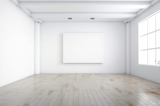 A mock up frame in a minimalist Art Gallery Interior with Blank Canvas