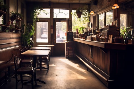 Cozy vintage cafe interior with wooden tables, a serving counter, and warm lighting, creating an inviting atmosphere.