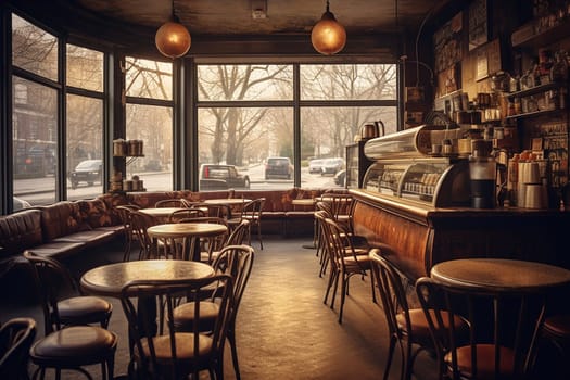 Cozy cafe interior with wooden tables and chairs, a counter, and large windows overlooking a street. Vintage ambiance with warm lighting.