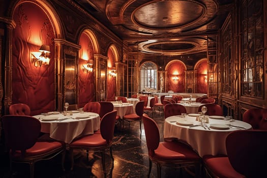 Elegant luxury vintage restaurant interior with red chairs, white tablecloths, and ornate wood paneling, baroque style, red and gold tone.