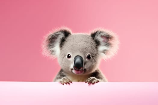Funny koala isolated on light pink background. Concept of funny animals from zoo or safari. Banner with koala and copy space.