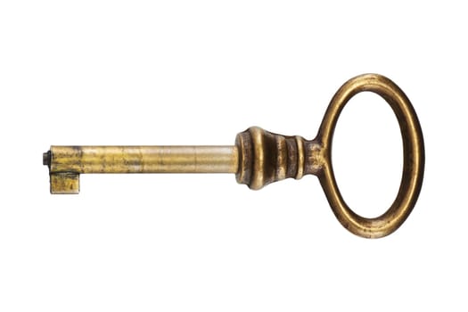 An old brass mortice lock key on white background with clipping path
