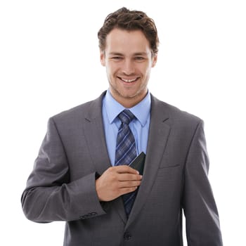 Business, travel and portrait of happy man with passport in studio for immigration or opportunity on white background. ID, ticket or face of guy entrepreneur with boarding pass for airport compliance.