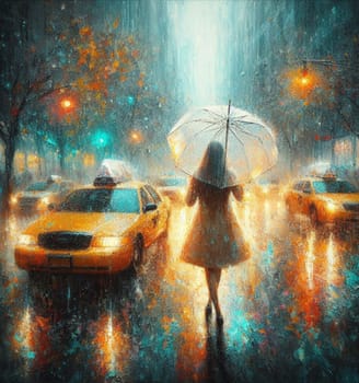 business bossy elegant fit woman using umbrella wearing tailleur , under heavy rain in New York City among taxis and traffic crossing street painting, warm tones, ai generated