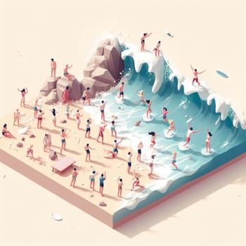 people having fun in the beach, isometric view, sea waves, 3d illustration generative ai art