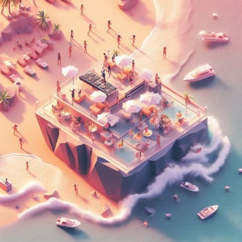 people having fun in the beach, isometric view, sea waves, 3d illustration generative ai art