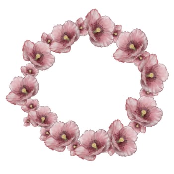 Watercolor drawing round frame of pink poppy flowers. Isolate on a white background a beautiful wreath for the design of invitations, cards, tags. High quality illustration