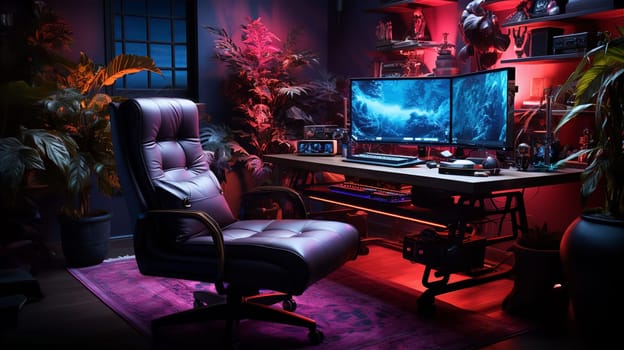 Armchair and working computers in room with red violet lighting. Interior design concept. AI generated