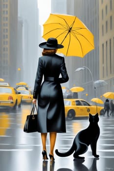 Vibrant classy lady, wearing black winter coat and high heels, umbrella hat, walking with a adult black feline, 5th avenue, manhattan, stormy, raining season, 3d render, illustration, ai art generated