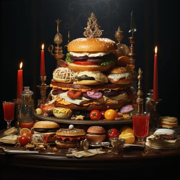 Many burgers standing on table with candles at dinner. Unhealthy eating concept. AI generated