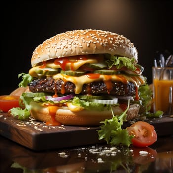 Appetizing burger with cheese and meat cutlet on dark background. Fast food concept. AI generated