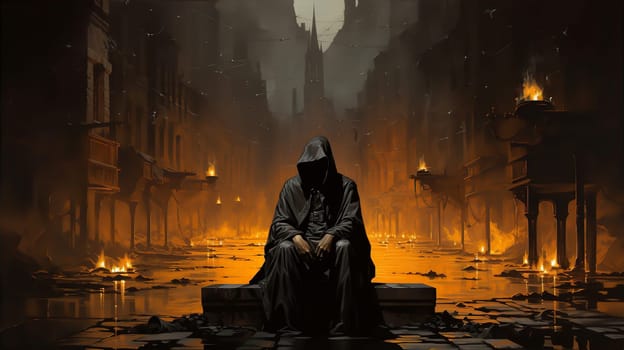 Man in black hooded cloak sitting in middle of burning city at night. Fear and horror. AI generated