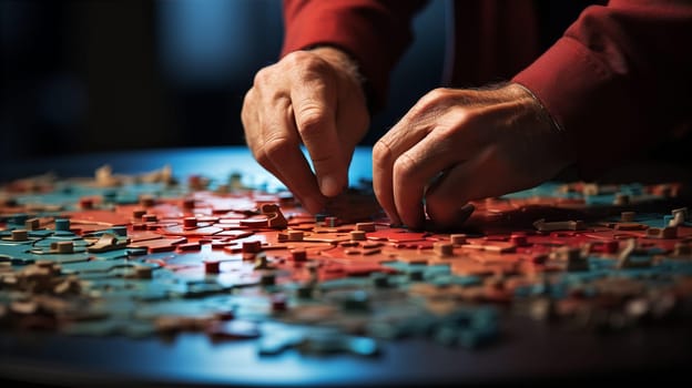 Hands folding puzzle at table and putting last piece closeup. Planning and organizing business concept. AI generated