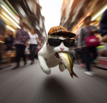 funny cat confident wear cap and sunglass escape walk quiet from market with stolen raw sad fish ai art generated