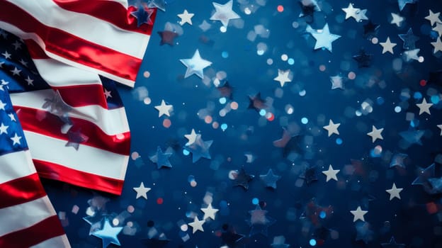 American flag, confetti stars on blue background with copy space. American President's Day, USA Independence Day, American flag colors background, 4 July, February holiday, stars and stripes, red and blue