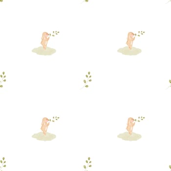 Watercolor seamless cute pattern with bunnies and twig. A nice hand-drawn drawing of a forest rabbit for printing on children's textiles and decorating children's parties. High quality photo