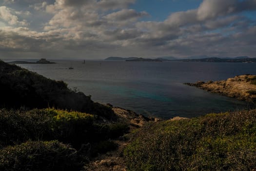 Langoustier red beach in porquerolles island france, panorama landscape