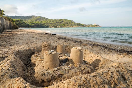 sand castle in notre dame beach in porquerolles island france, panorama landscape