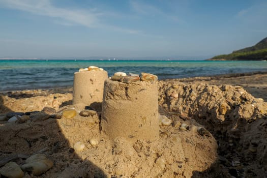 sand castle in notre dame beach in porquerolles island france, panorama landscape