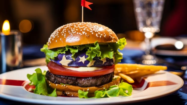 A big, tasty burger on a plate in a patriotic cafe, with an American flag in the background, not healthy food. American President's Day, USA Independence Day, American flag colors background, 4 July, February holiday, stars and stripes, red and blue